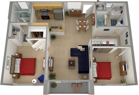 Floor plan for 2 beds, 2 baths, 880 sqft
